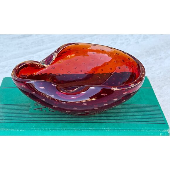 Murano Blown Glass Bowl With Bucillante Bubbles Red 6.25"x5.75"x2.25" Italy Gift - Picture 8 of 16
